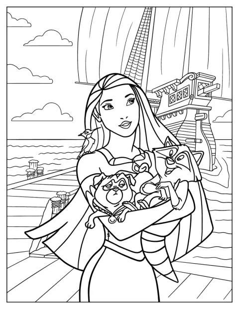 Pocahontas está no porto acompanhada por Meeko e Percy.