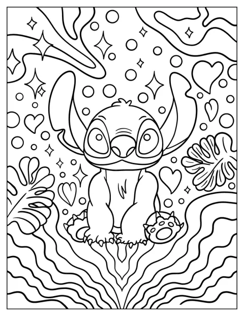 Stitch lächelt vor einem Muster aus wirbelnden Formen.