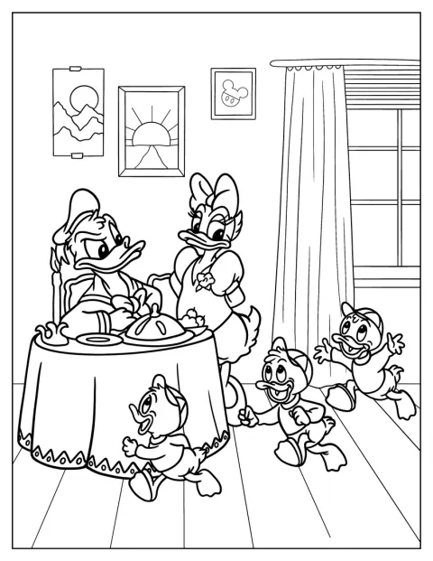 Réunis ensemble, Donald, Daisy et leurs neveux posent côte à côte.