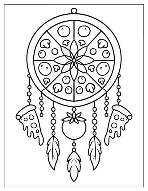 Łapacz snów ozdobiony wiszącymi kawałkami pizzy i pomidorem.