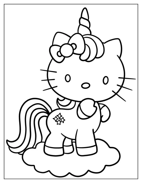 Hello Kitty steht als Einhorn auf einer flauschigen Wolke.