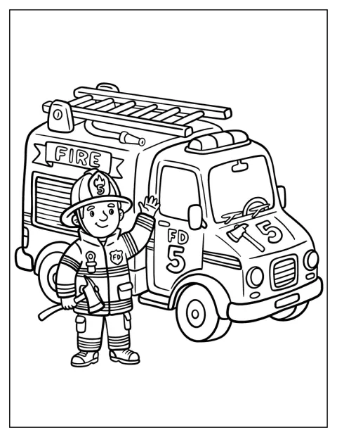 Un bombero sostiene un hacha al lado de un camión de bomberos.