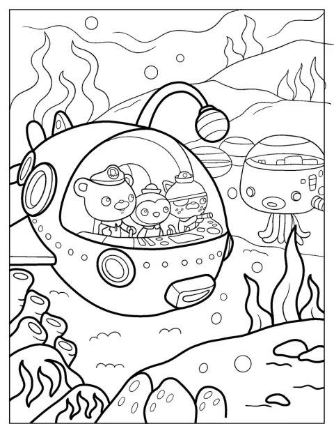Personajele Octonauts se află în interiorul bazei lor subacvatice, Octopod.