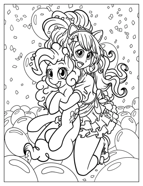 Dívčí Pinkie Pie z Equestria Girls objímá Pinkie Pie v poníkové podobě.