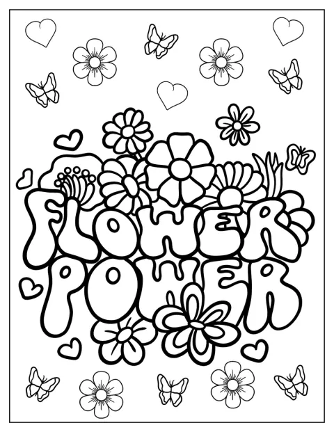Der Schriftzug „Flower Power“ ist von einfachen Blumen umgeben.