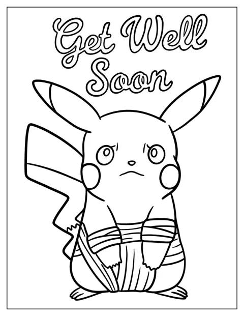 Pikachulla on side, ja sen yläpuolella lukee Pikaista paranemista.