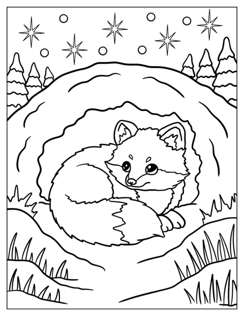 Ein Polarfuchs ruht geschützt in seiner Höhle aus Schnee.