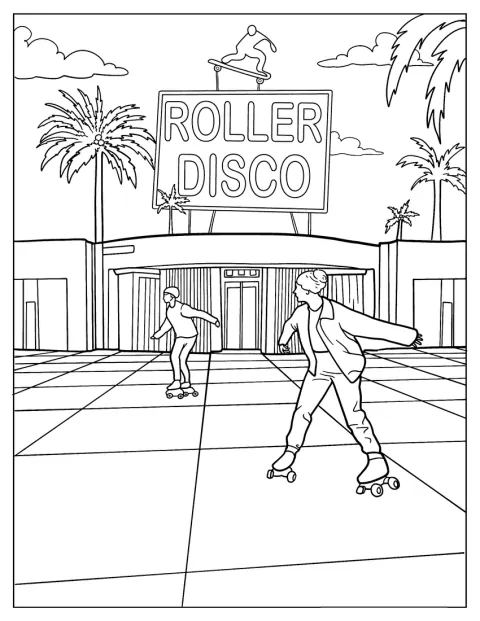 Ein Mann und eine Frau rollen beim Rollschuhtanz durch die Disco.