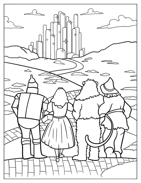 Dorothy, o Homem de Lata, o Leão e o Espantalho contemplam a Cidade das Esmeraldas.