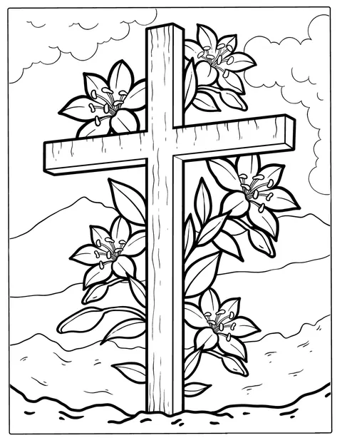 Blommor växer kring ett träkors till påsk.
