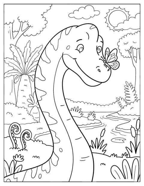 Um Brachiosaurus observa uma borboleta junto a um riacho pré-histórico.