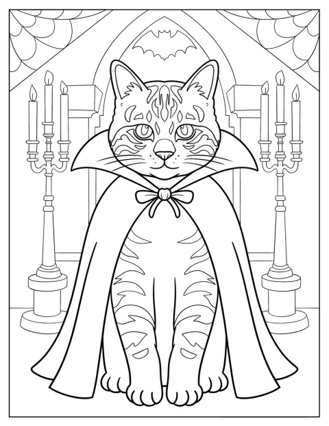 Déguisé en Dracula, un chat se trouve à l’intérieur d’une cathédrale.