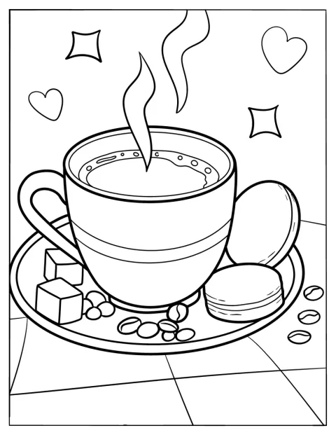 コーヒー豆や角砂糖、マカロンを添えたカップが描かれています。