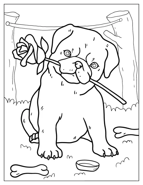 En mopsvalp holder en blomst forsiktig i munnen.