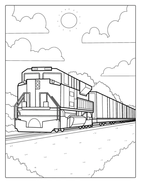 Een gedetailleerde diesellocomotief vervoert goederen in een lange rij wagons.