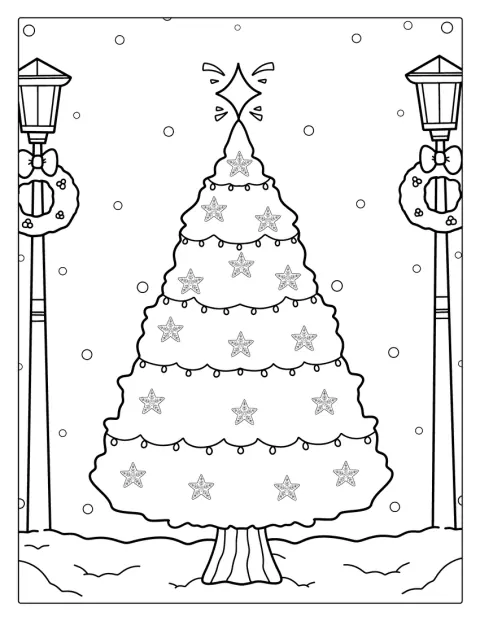 Uma árvore de Natal coberta de neve fica entre candeeiros de rua.