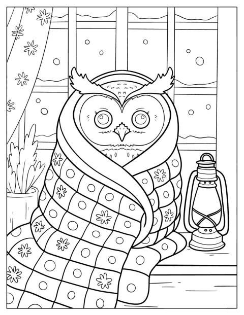 En hiver, un hibou bien au chaud s’enveloppe dans une couverture.
