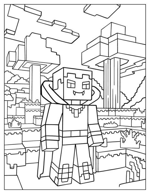 Un simpático vampiro de Minecraft luce una capa y unos grandes colmillos.