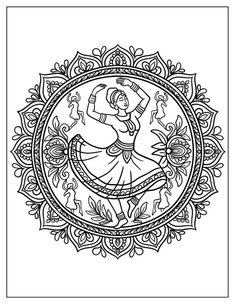 Au centre d’un mandala décoratif, une danseuse prend une pose traditionnelle de bharatanatyam.