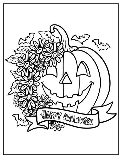 かぼちゃの周りにヒナギクが咲き、ハッピーハロウィンの旗が飾られています。