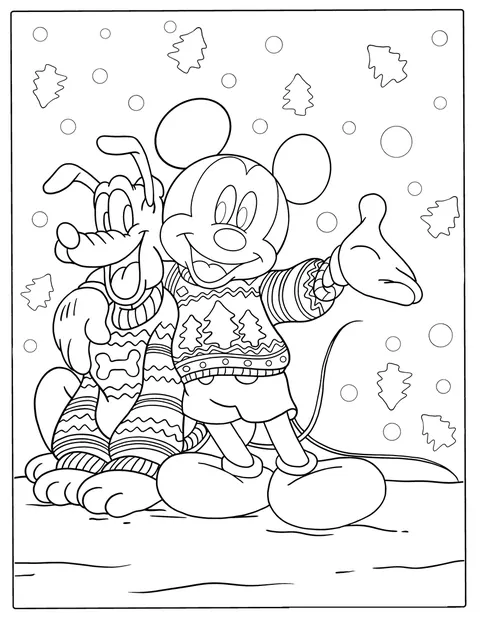 Mickey Mouse og Pluto har julesweatre på.