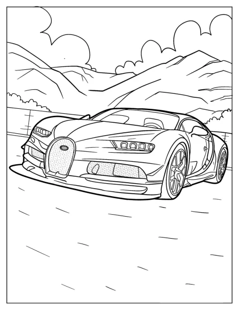 Nahaufnahme eines Bugatti Chiron, hinter dem sich Berge erheben.
