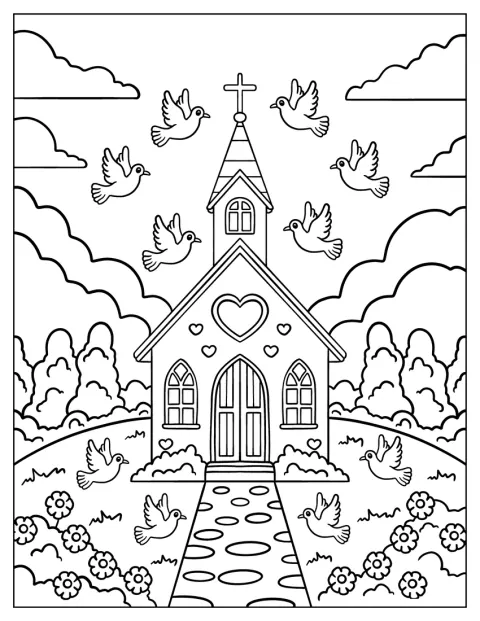 Cuori e uccellini decorano la facciata di una graziosa chiesa.