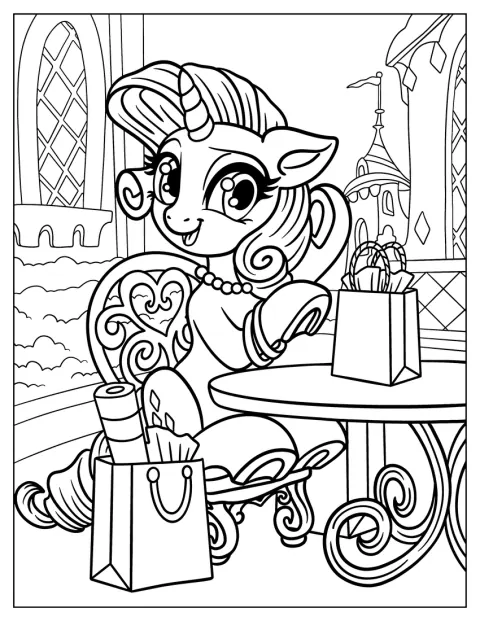 På rommet sitt står Rarity elegant omgitt av handleposer.