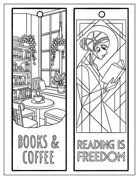 Eine Frau liest gemütlich in einer Ecke voller Bücher und Kaffeetassen.