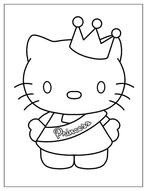 Hello Kitty lleva una corona y una banda de princesa.