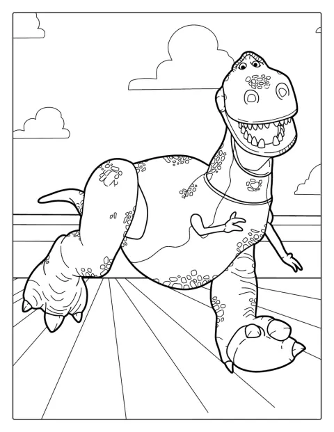 Rex, un dinosaurio, aparece de pie.
