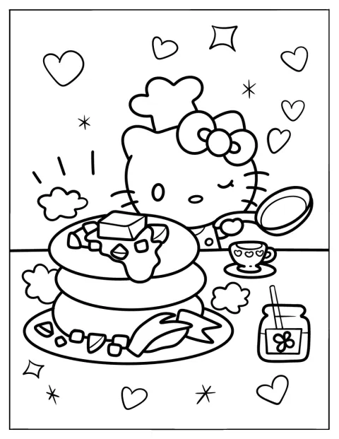 Hello Kitty steker pannkakor i köket.