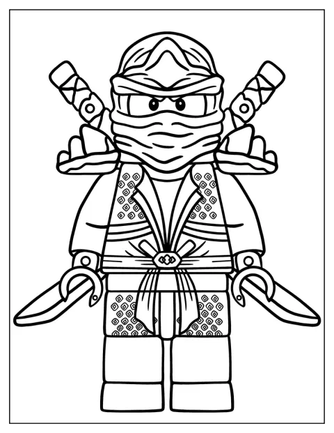 Un ninja de LEGO aparece con su traje y sus accesorios.