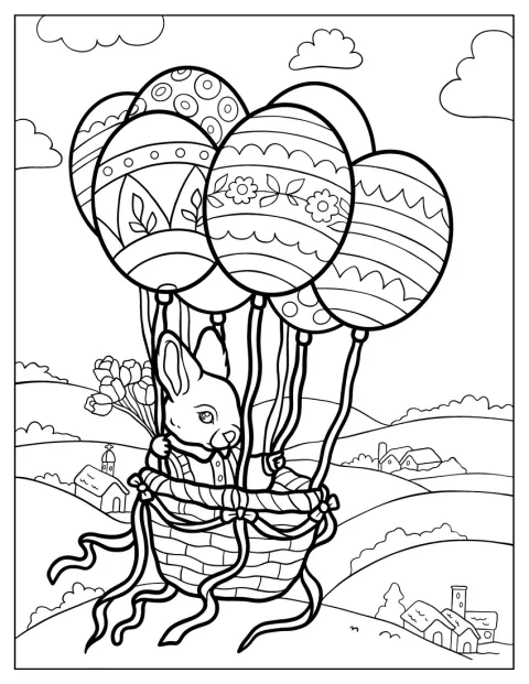 Een konijn vliegt in een luchtballon die op een paasei lijkt.