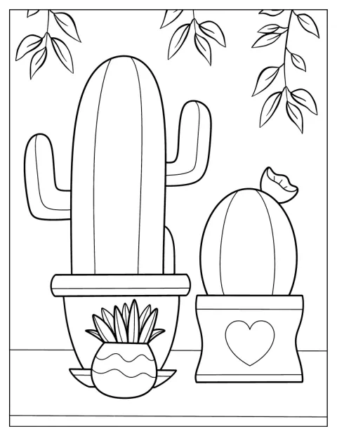 Alcuni cactus sono disegnati con contorni semplici e chiari.