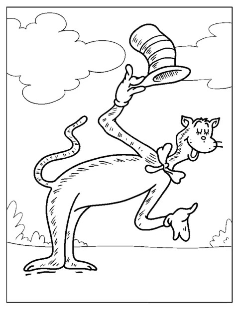 Le Chat chapeauté s’incline devant lui, son grand chapeau sur la tête.