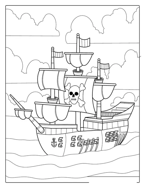 Et piratskip med flere kanoner seiler på havet.