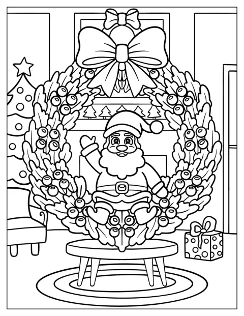 Ein Chibi-Weihnachtsmann sitzt in einem festlichen Weihnachtskranz.