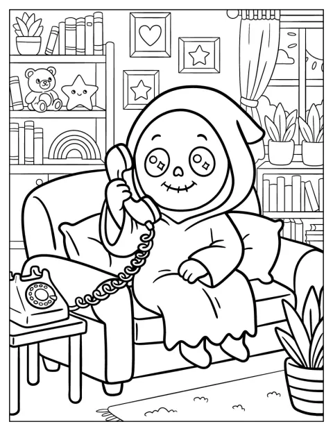 Ghost Face w stylu chibi trzyma słuchawkę i rozmawia przez telefon.