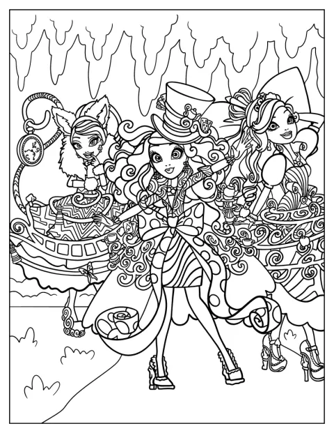 Madeline Hatter, Kitty Cheshire și Apple White stau împreună.
