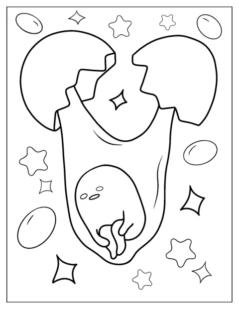 Gudetama valt tussen de stukken van gebroken eierschalen.