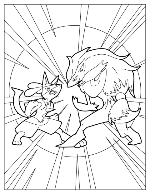 Zoroark och Lucario drabbar samman i en strid.