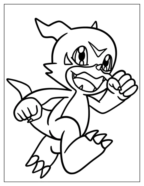 Veemon aleargă cu bucurie, cu un zâmbet larg.