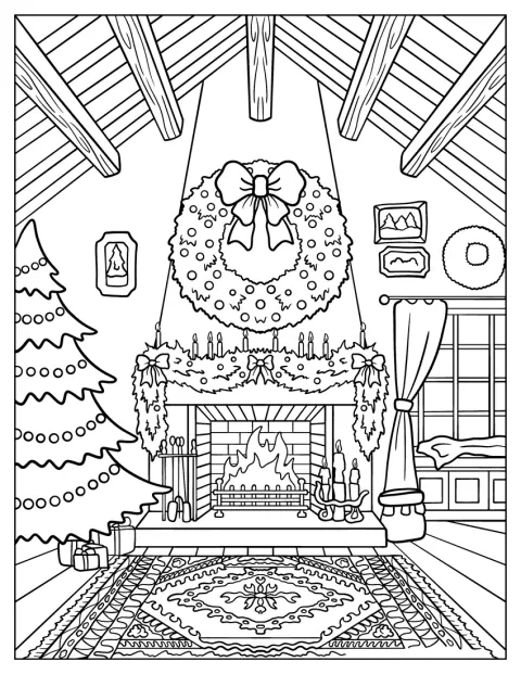 Un sapin et des guirlandes décorent une grande cheminée pour Noël.