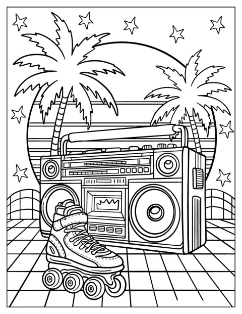 En ghettoblaster og en rulleskøjte står under palmer.