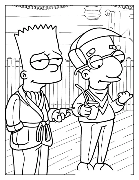 Milhouse ja Bart poseeraavat aamutakit yllään.