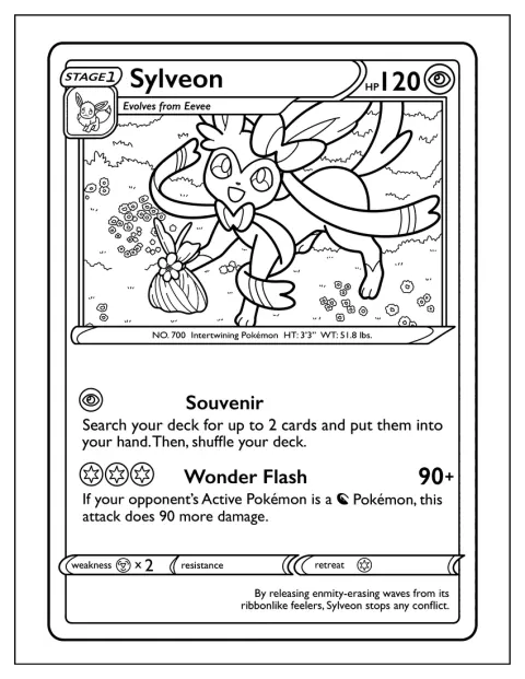 Cartea Pokémon o prezintă pe Sylveon folosind atacul Wonder Flash.