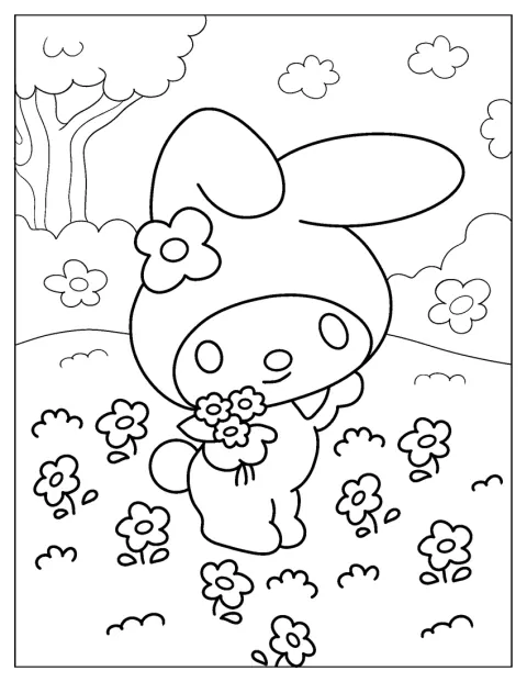 My Melody plukt bloemen in een veld.