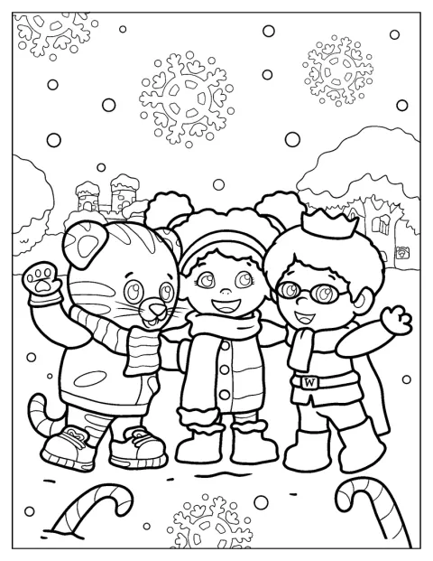 Daniel Tiger staat met Miss Elaina en Prince Wednesday in een winters landschap.