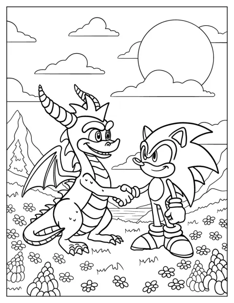 Spyro und Sonic begrüßen sich mit einem Handschlag.